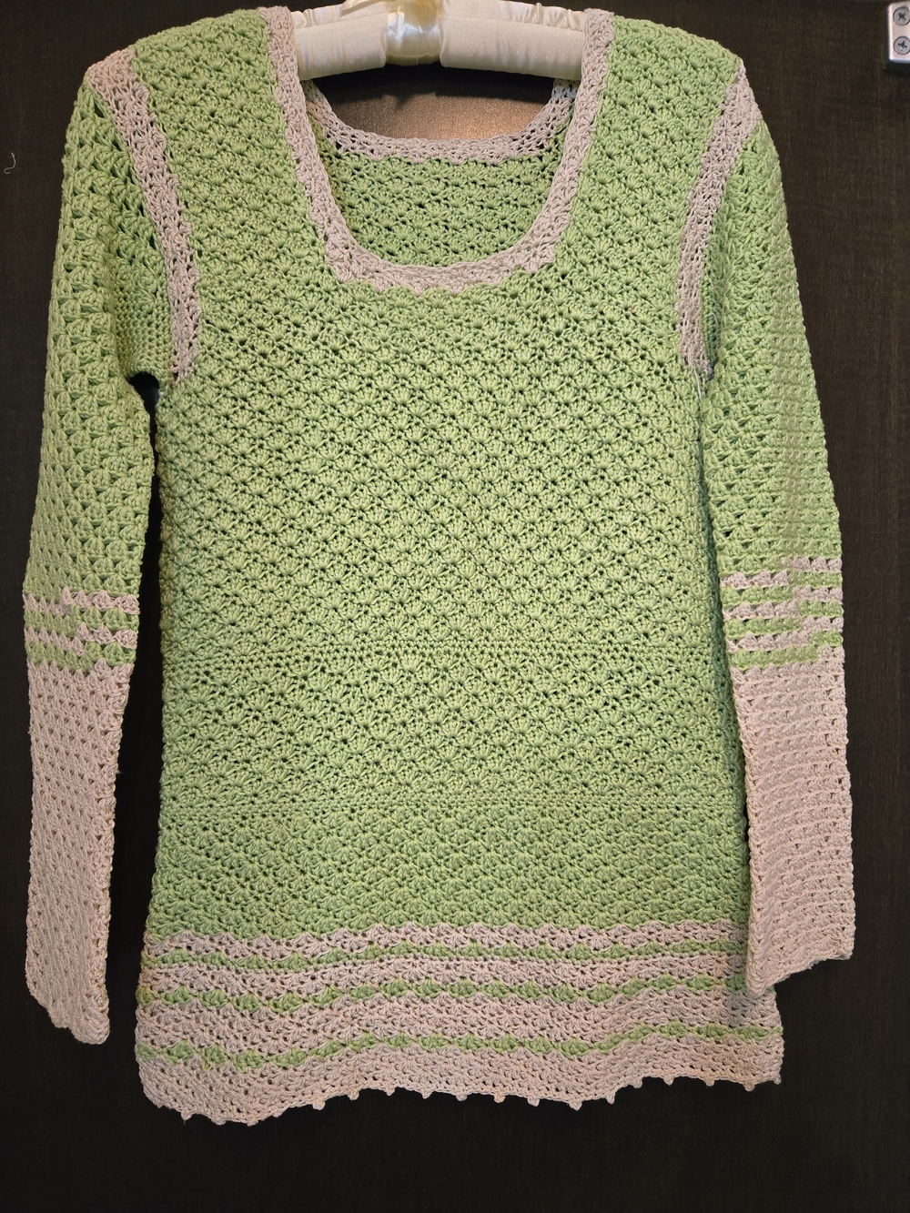 HANDMade Light Green & Cream Crochet Scoop Neck Sweater